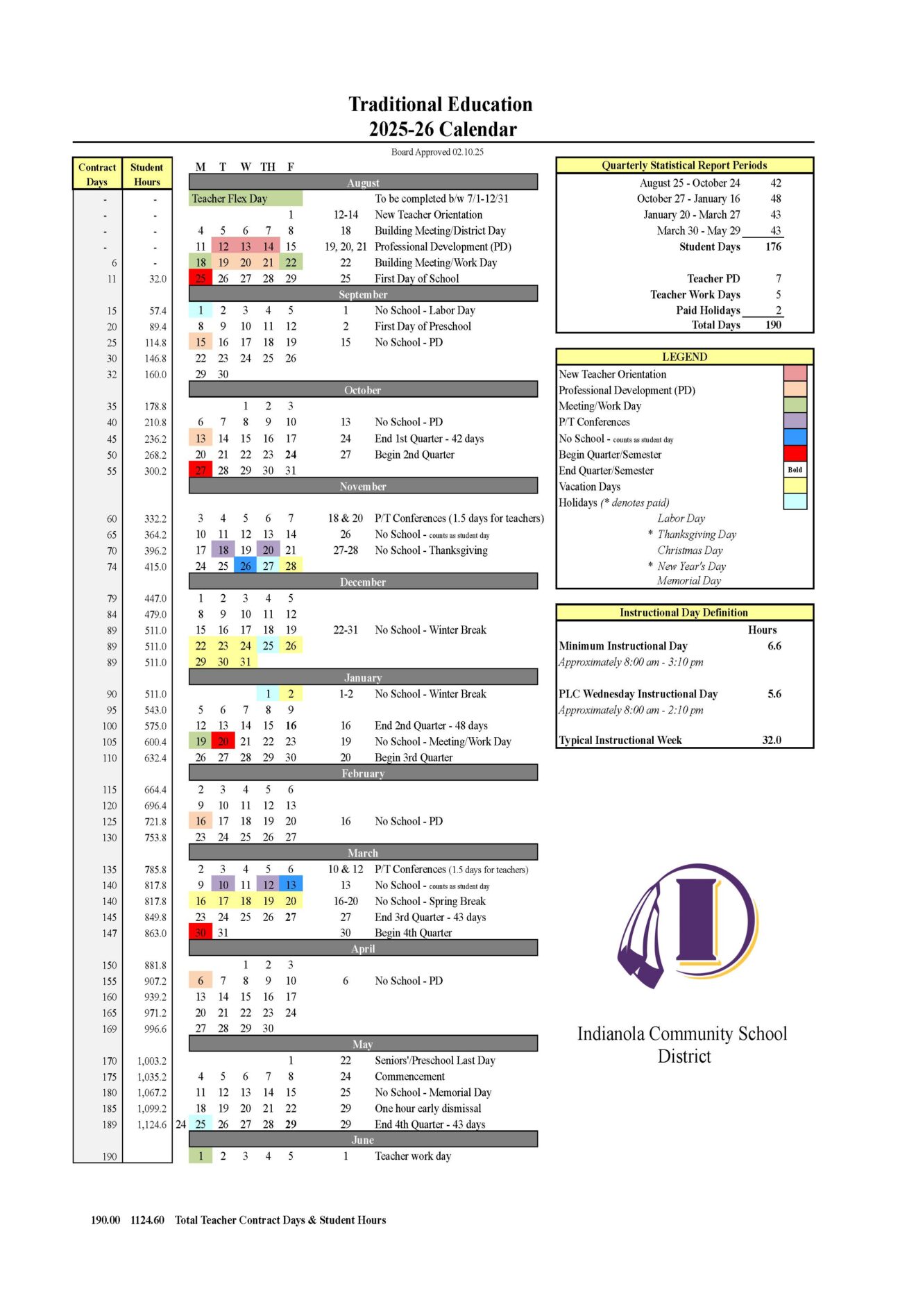 20252026 Traditional Calendar *NEW* Indianola Community School District